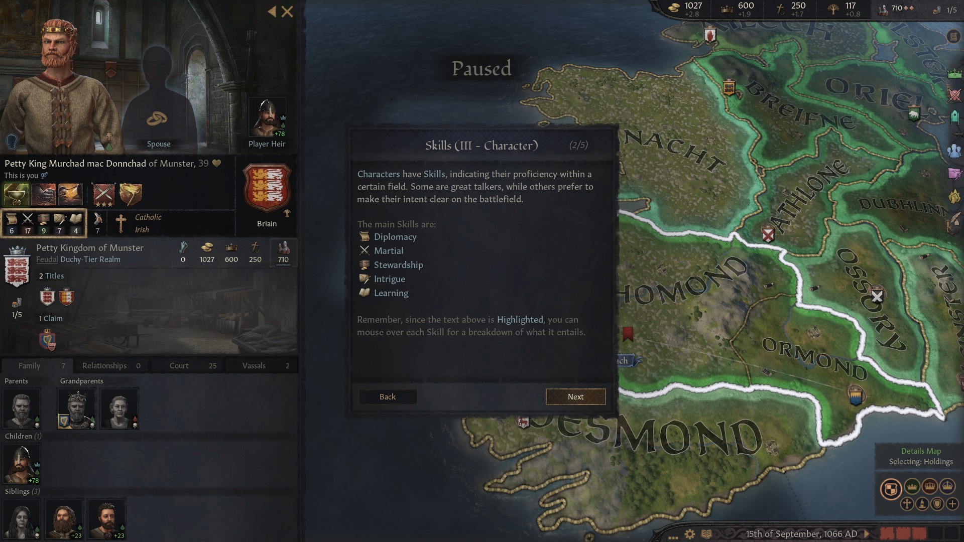 A screen capture from Crusader Kings 3 showcasing a game interface with character portraits and map details.