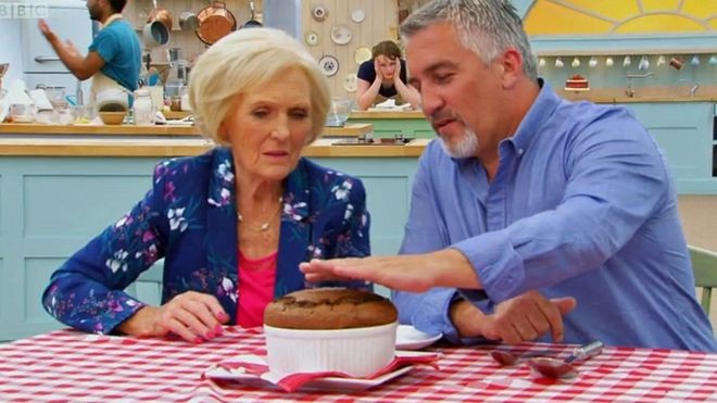 Mary Berry and the male judge evaluate a souffle