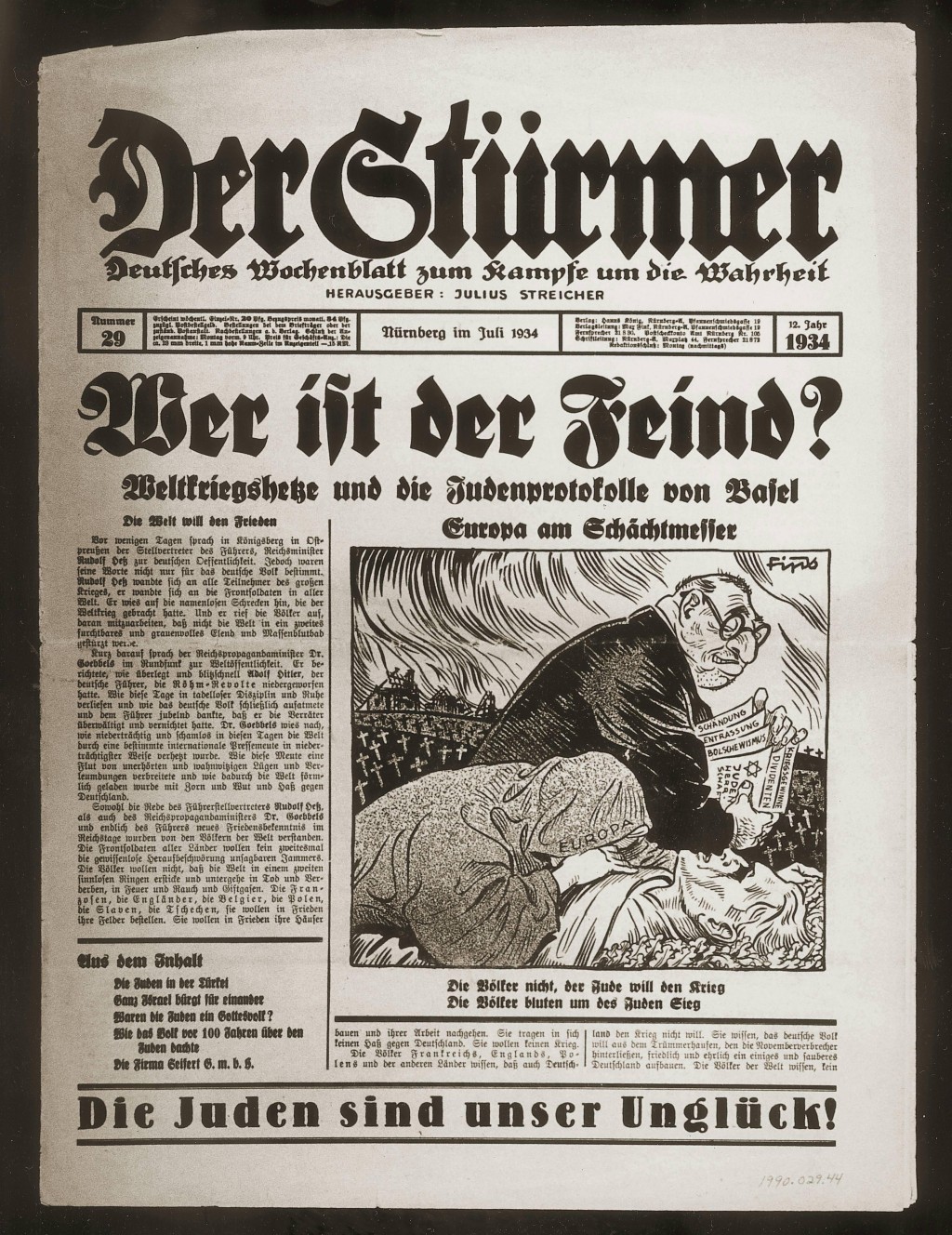 Front page of a German newspaper Der Stürmer July 1934