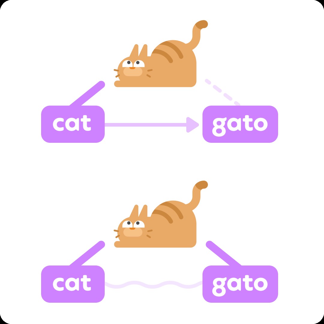 Illustration of a cat at the top with two words appearing under it: “cat” on the left side, connected to the illustration by a thick, bright line, and “gato” on the right, connected to the same illustration by a dotted, faded line. A faded arrow points from the word “cat” to the word “gato.” Below this is the same illustration of a cat with the same two words “cat” and “gato” under it. This time, each word is connected to the cat by a thick, bright line. A faded, wavy line connects the two words.