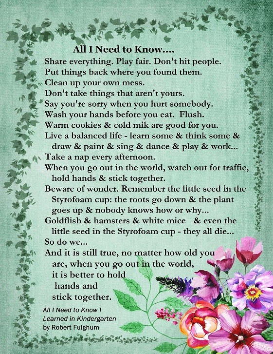 Colorful printable version of 'All I Need to Know I Learned in Kindergarten' with leaf and flower decorations.