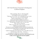 Inspirational printable of 'All I Need to Know I Learned in Kindergarten' by Robert Fulghum, listing simple life lessons.