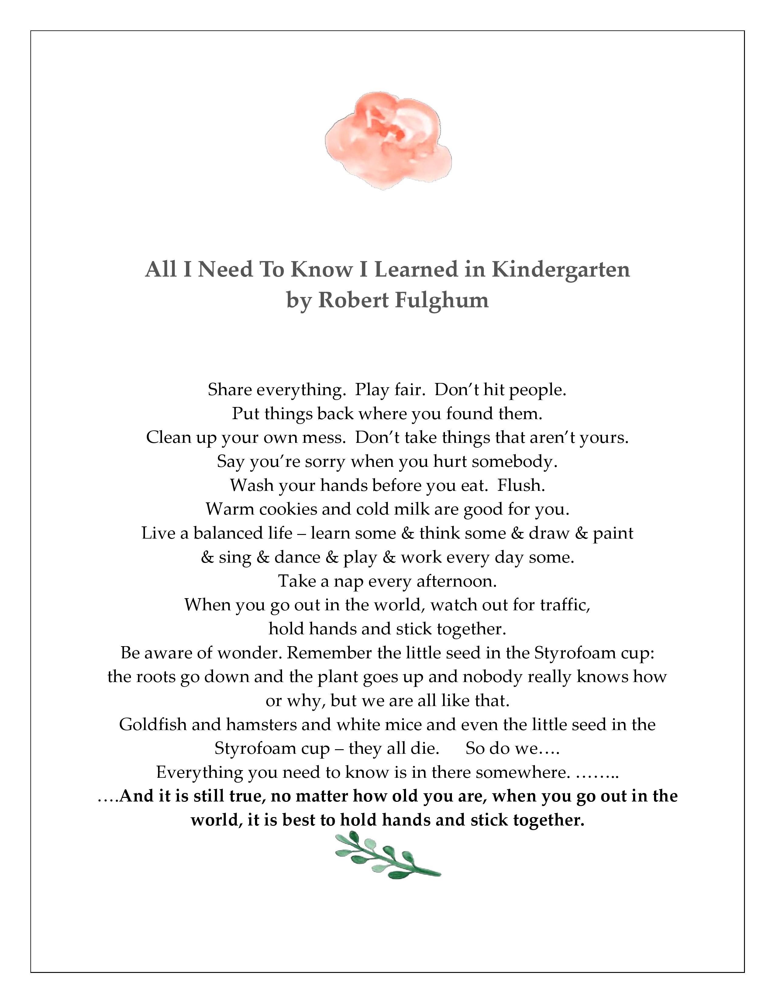 Inspirational printable of 'All I Need to Know I Learned in Kindergarten' by Robert Fulghum, listing simple life lessons.