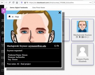 UIC Blackboard Learn Class Photo Roster Enhancement showing instructor notes and student preferred information