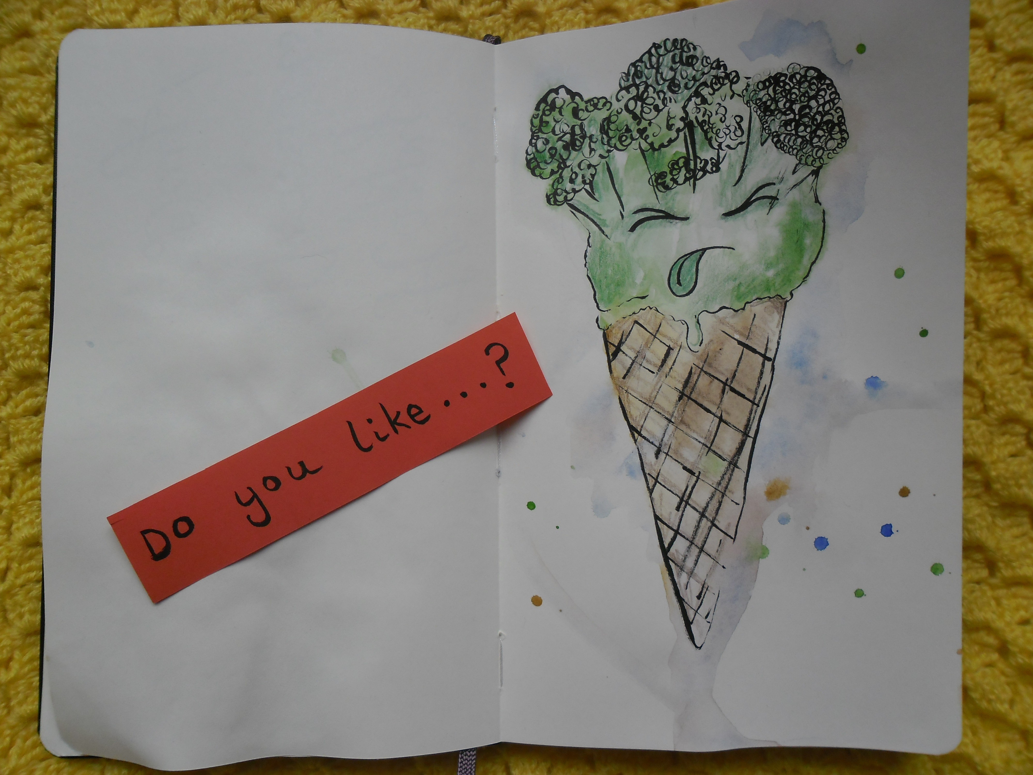 Funny broccoli ice cream cartoon, a visual aid for Super Simple Learning's 'Do You Like Broccoli Ice Cream?' ESL lesson.