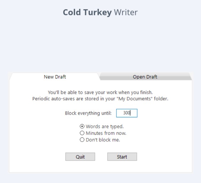 Cold Turkey Writer interface displaying options for initiating a new draft.