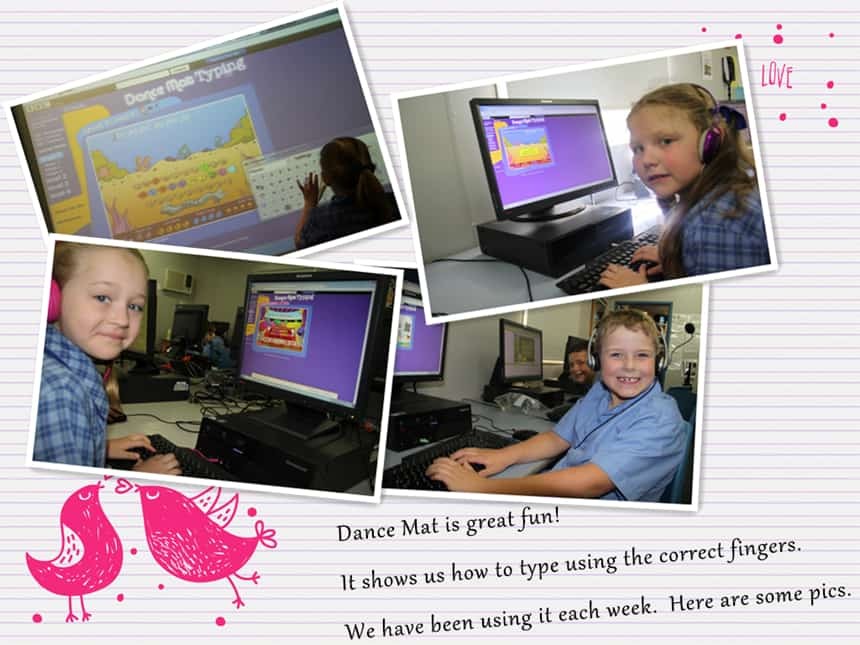 A screenshot from Dance Mat Typing game showcasing animated characters and the game interface, emphasizing its fun and interactive learning environment for kids to learn typing.