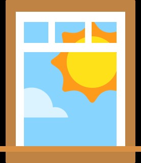 Illustration of a window looking outside to a bright blue sky with a big shining sun and a puffy light-colored cloud