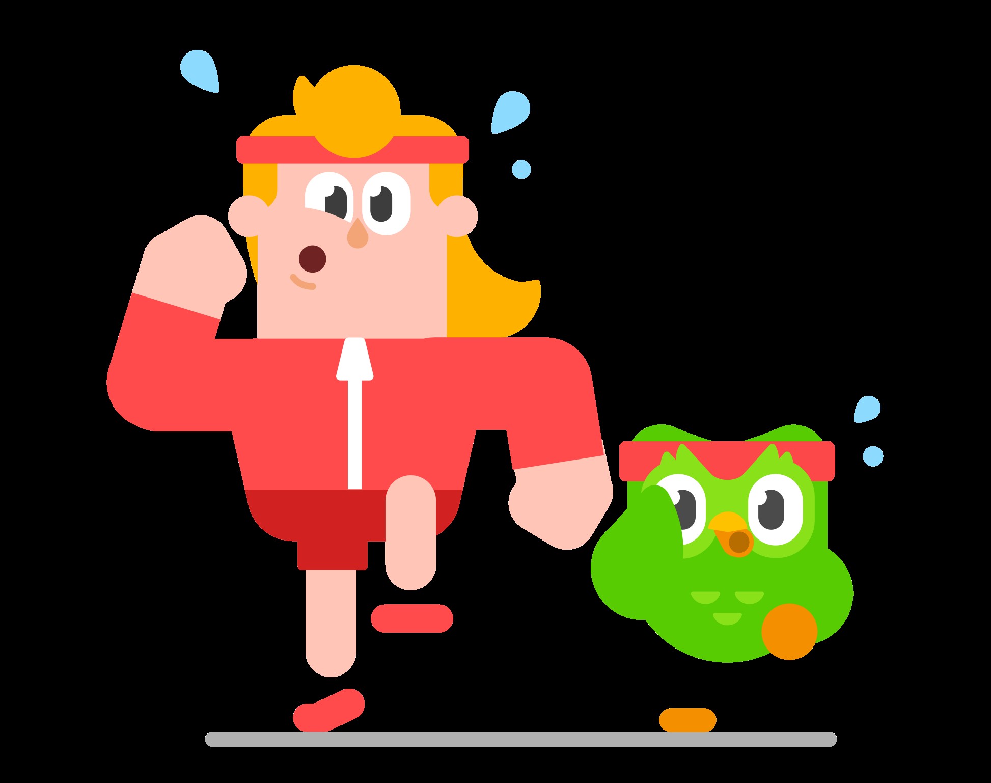 Illustration of a tall blonde man in a red track suit (Eddy) running next to a small, green owl with a red exercise head band. Both are sweating.