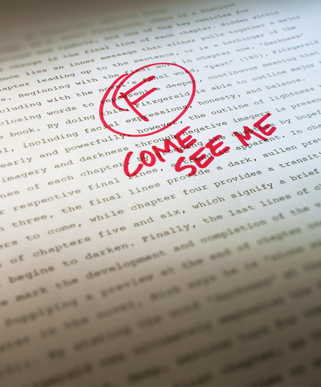 Professor's feedback on student paper with a failing grade and the question 'Where did you learn to write like this? Come see me?' highlighting the importance of learning to write and seeking feedback.