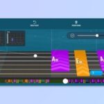 Yousician app interface for guitar learning, showing colorful notes for easy playing guidance