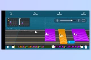 Yousician app interface for guitar learning, showing colorful notes for easy playing guidance