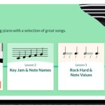 A person using an iPhone to learn piano with the Skoove app. The screen shows piano keys and musical notation.