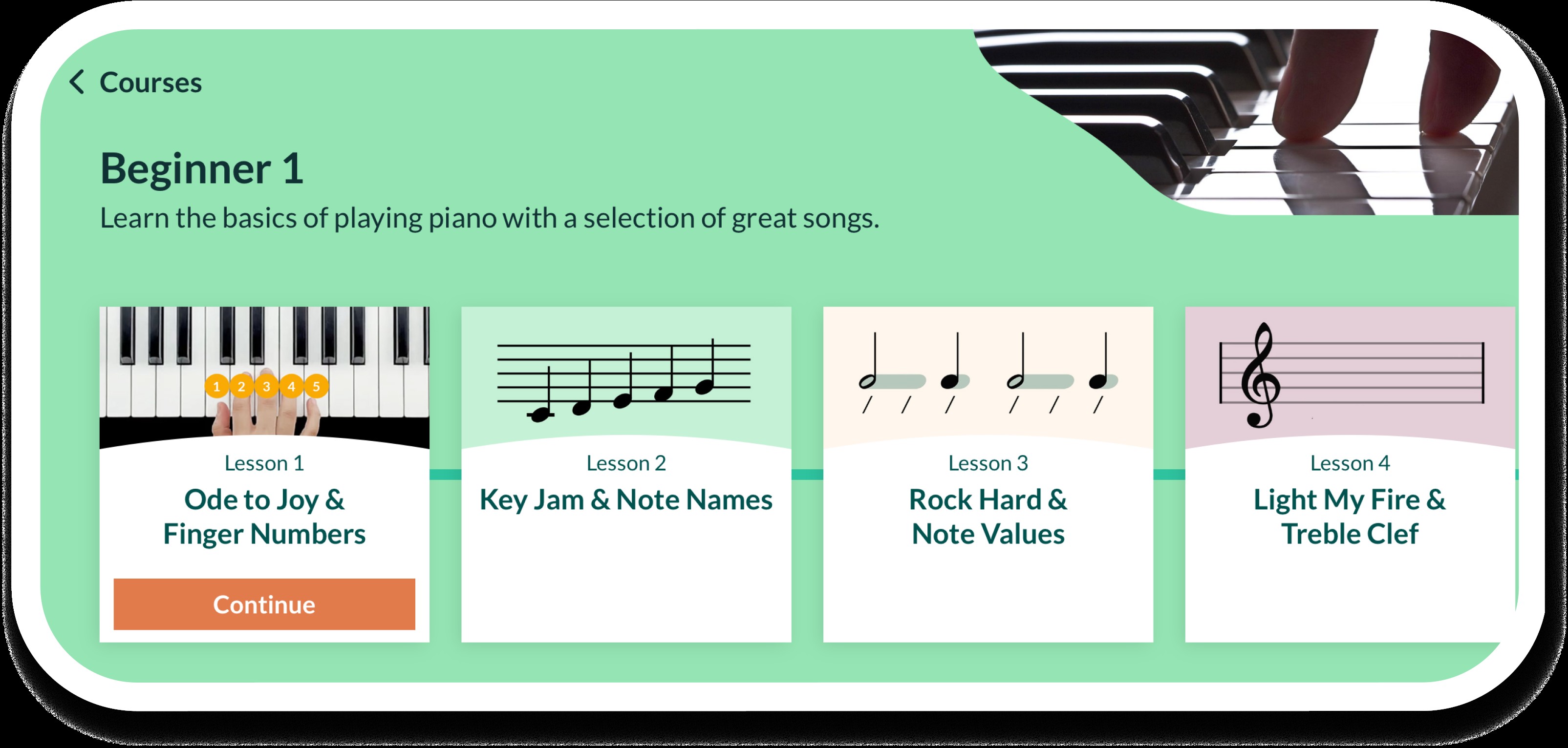 A person using an iPhone to learn piano with the Skoove app. The screen shows piano keys and musical notation.