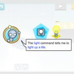 Screenshot from Lightbot Jr showing a robot character on a blue tile, ready to be programmed.