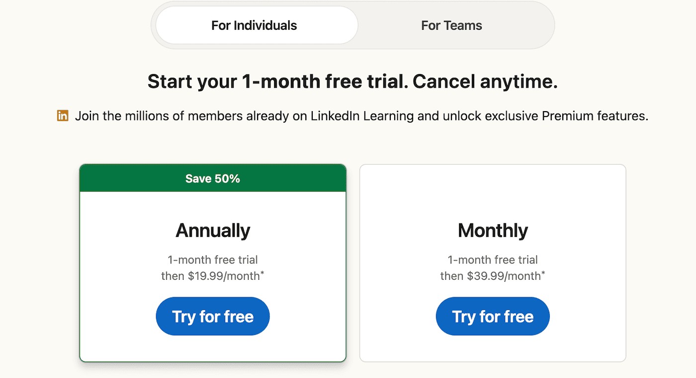 Table comparing LinkedIn Learning pricing options, highlighting individual course purchase, subscription plans, team and organization plans.