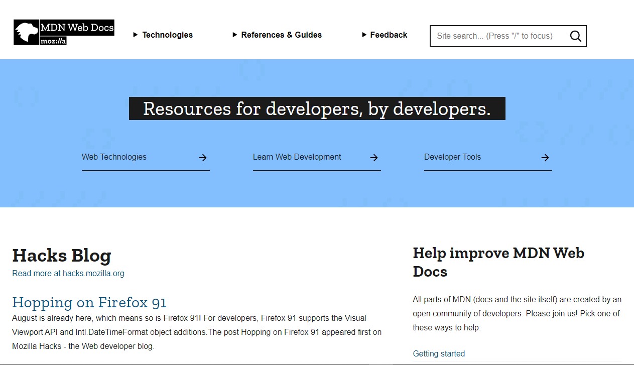 MDN Web Docs homepage showcasing web development documentation categories