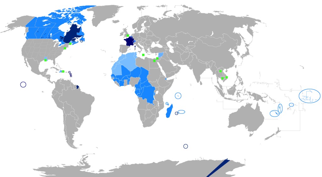 Map of the Francophone world, illustrating the widespread global presence of the French language.