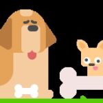 Illustration of a very big dog with a very small bone, next to a very small dog with a very big bone