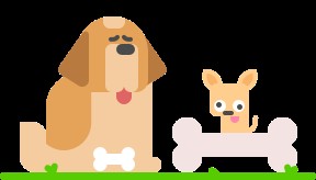 Illustration of a very big dog with a very small bone, next to a very small dog with a very big bone