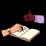 Illustration of a person writing in a notebook while another person is gesturing a thumbs up