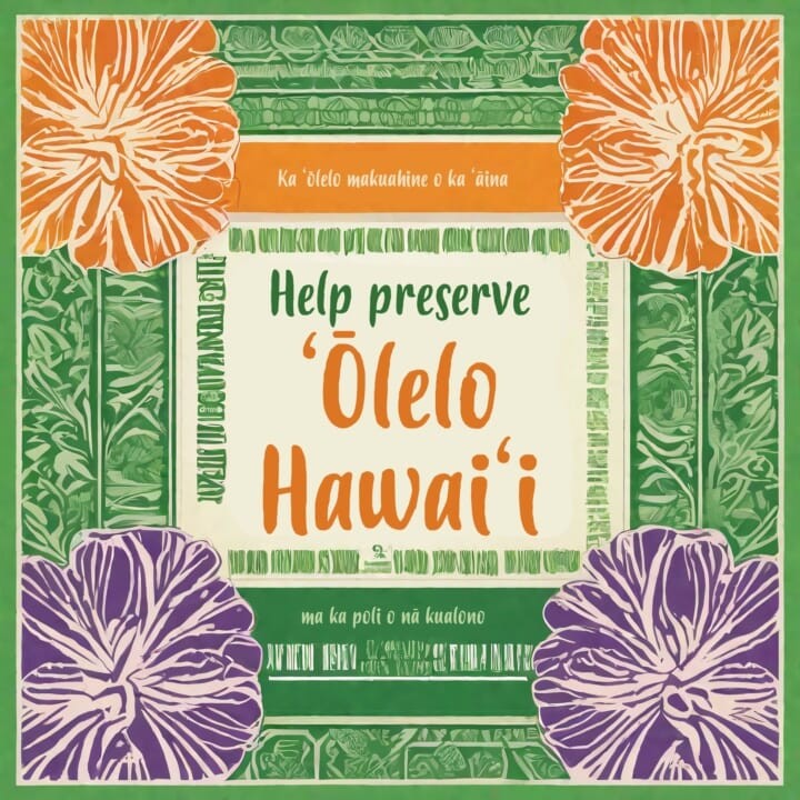 A vibrant poster encouraging Hawaiian language preservation, emphasizing the importance of 'Ōlelo Hawai'i for cultural continuity.