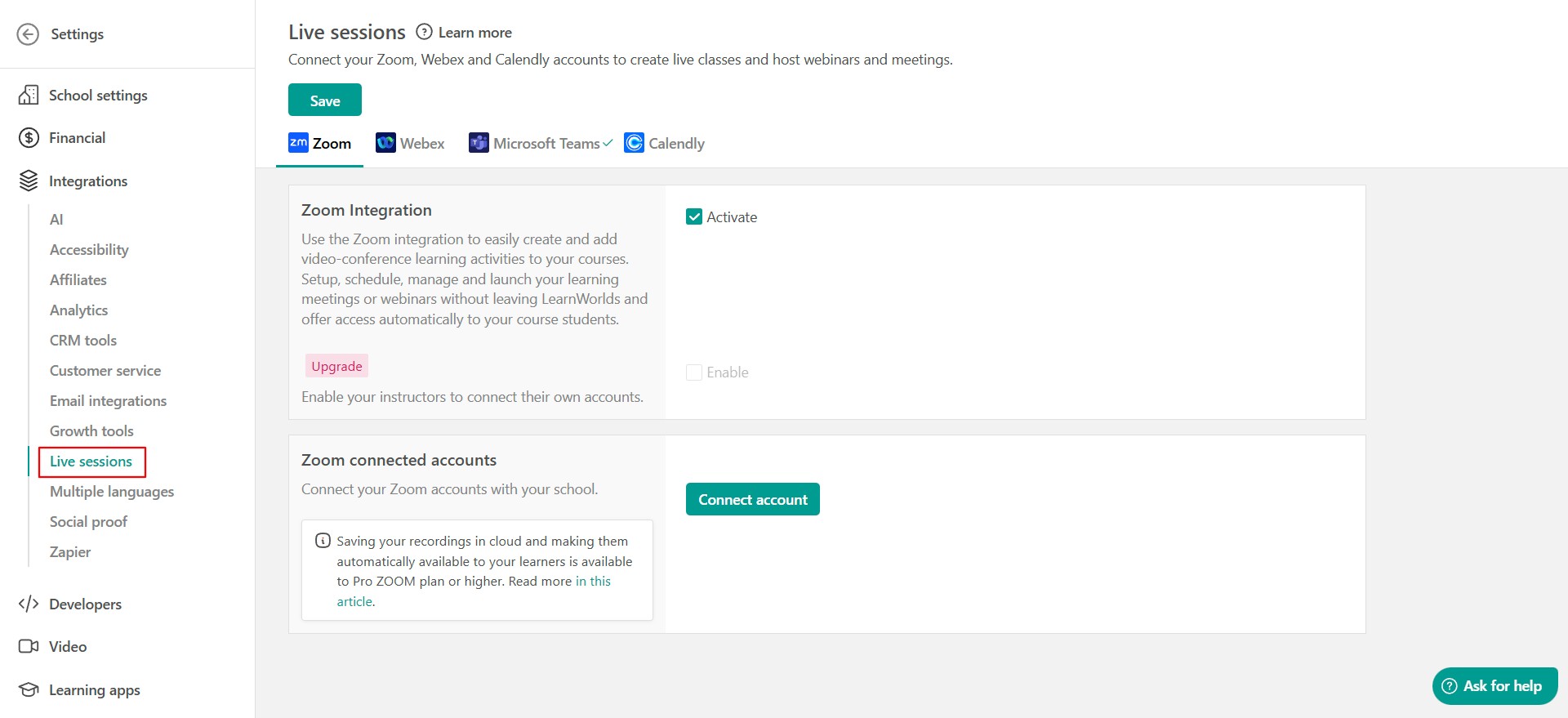 Connect account button in LearnWorlds settings