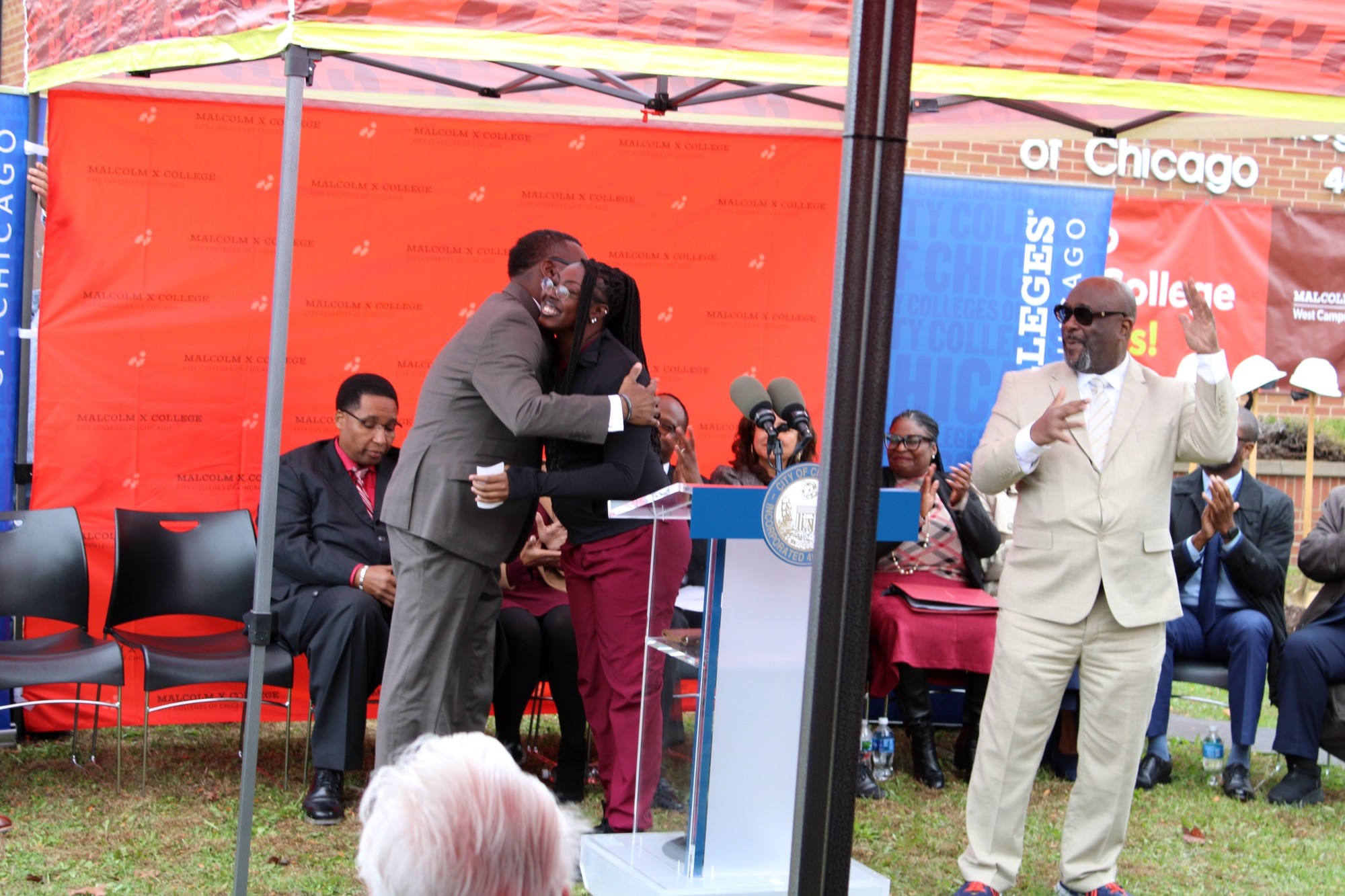 Mayor Brandon Johnson with Malcolm X College West Campus student at groundbreaking for Westside Learning Center expansion