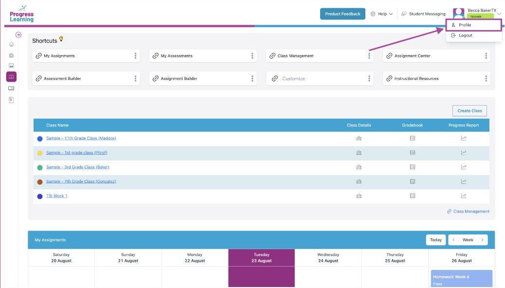 Profile section in Progress Learning account