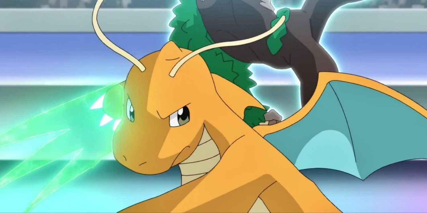 Dragonite using Dragon Claw on Rillaboom in the Pokemon anime.