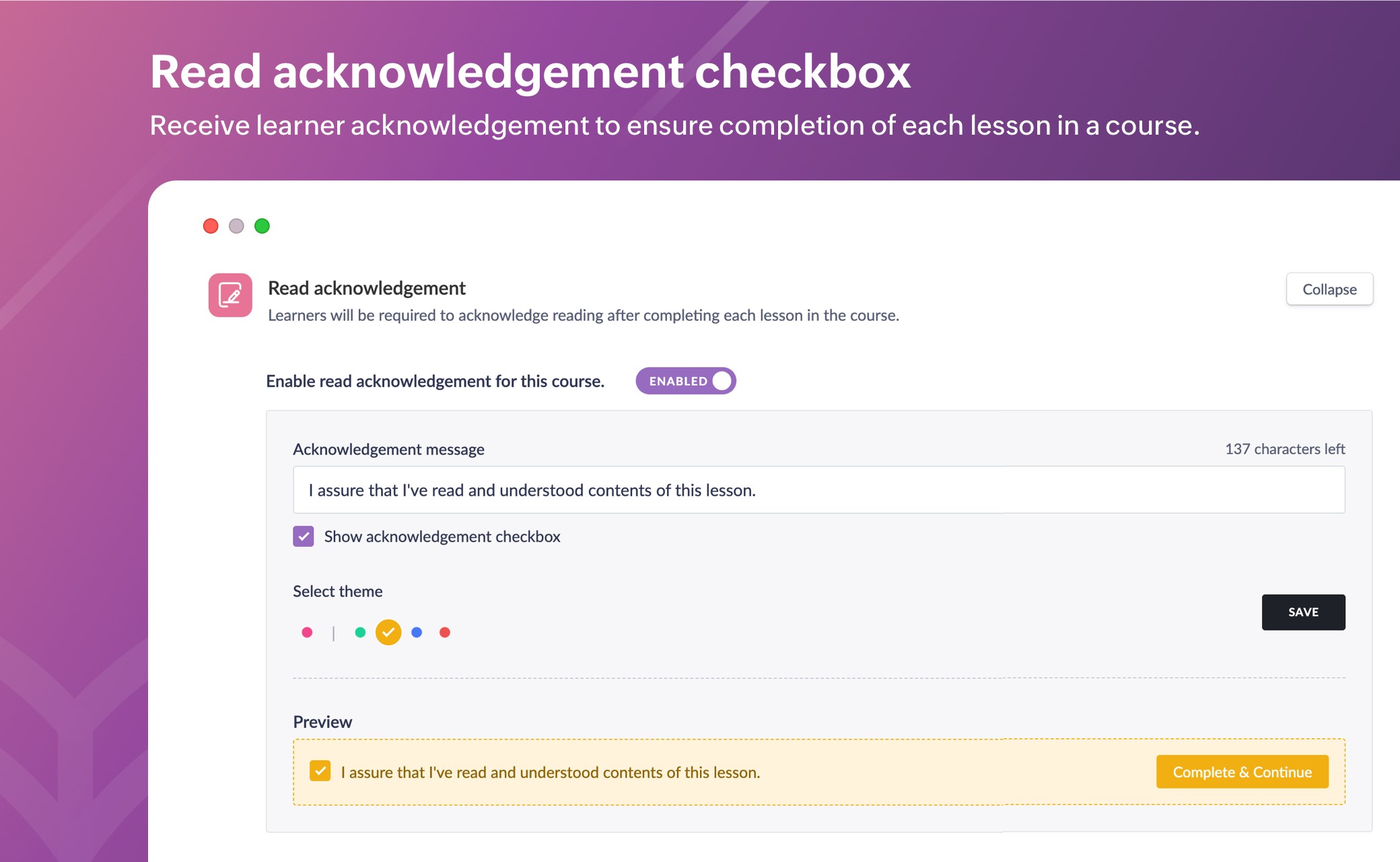 Screenshot of Zoho Learn Lesson Acknowledgment settings interface