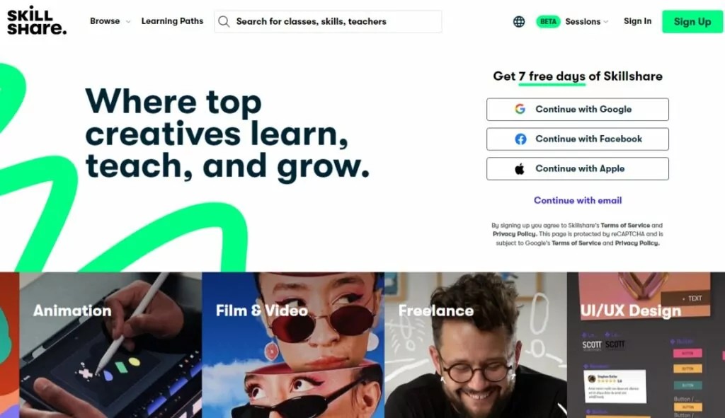 Skillshare platform interface displaying creative courses