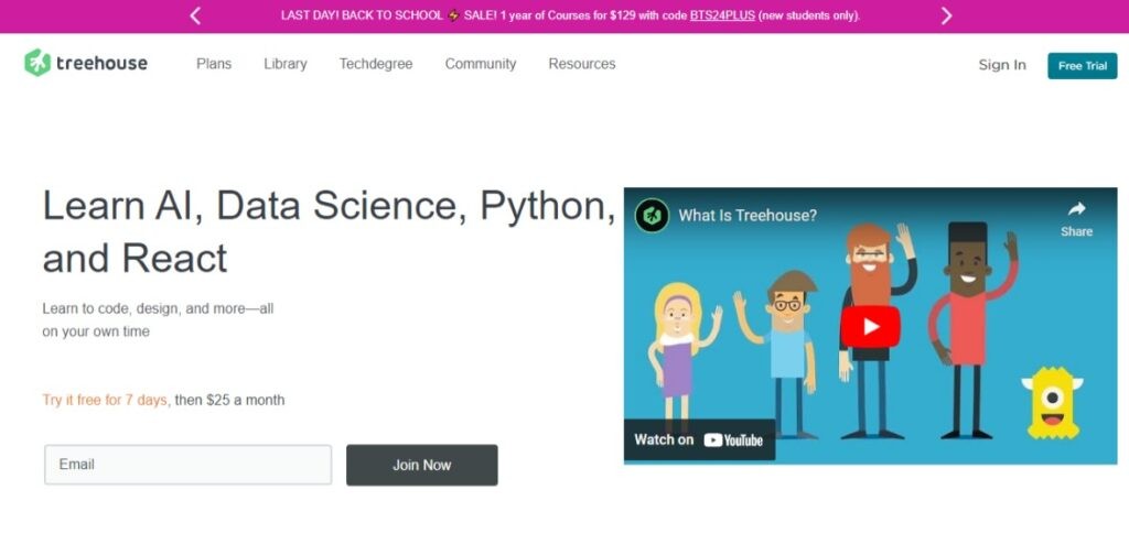 Treehouse platform interface displaying coding courses and interactive learning modules