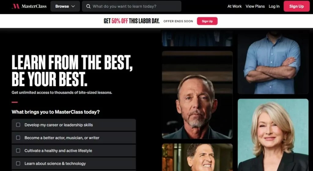 MasterClass platform interface featuring celebrity instructors and high-quality video lessons