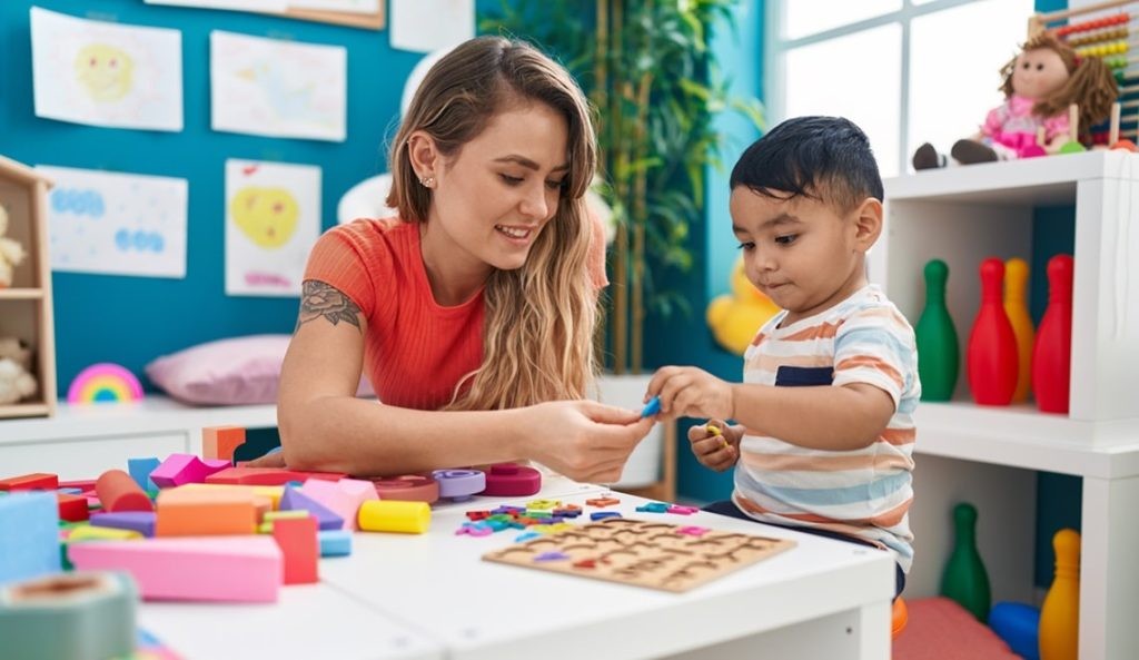 Spanish teacher helping student learn basic Spanish words for occupations