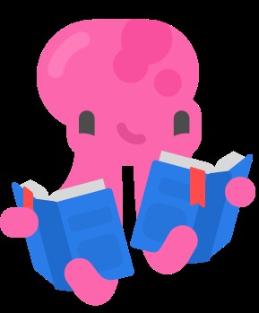 Illustration of a pink octopus reading two books