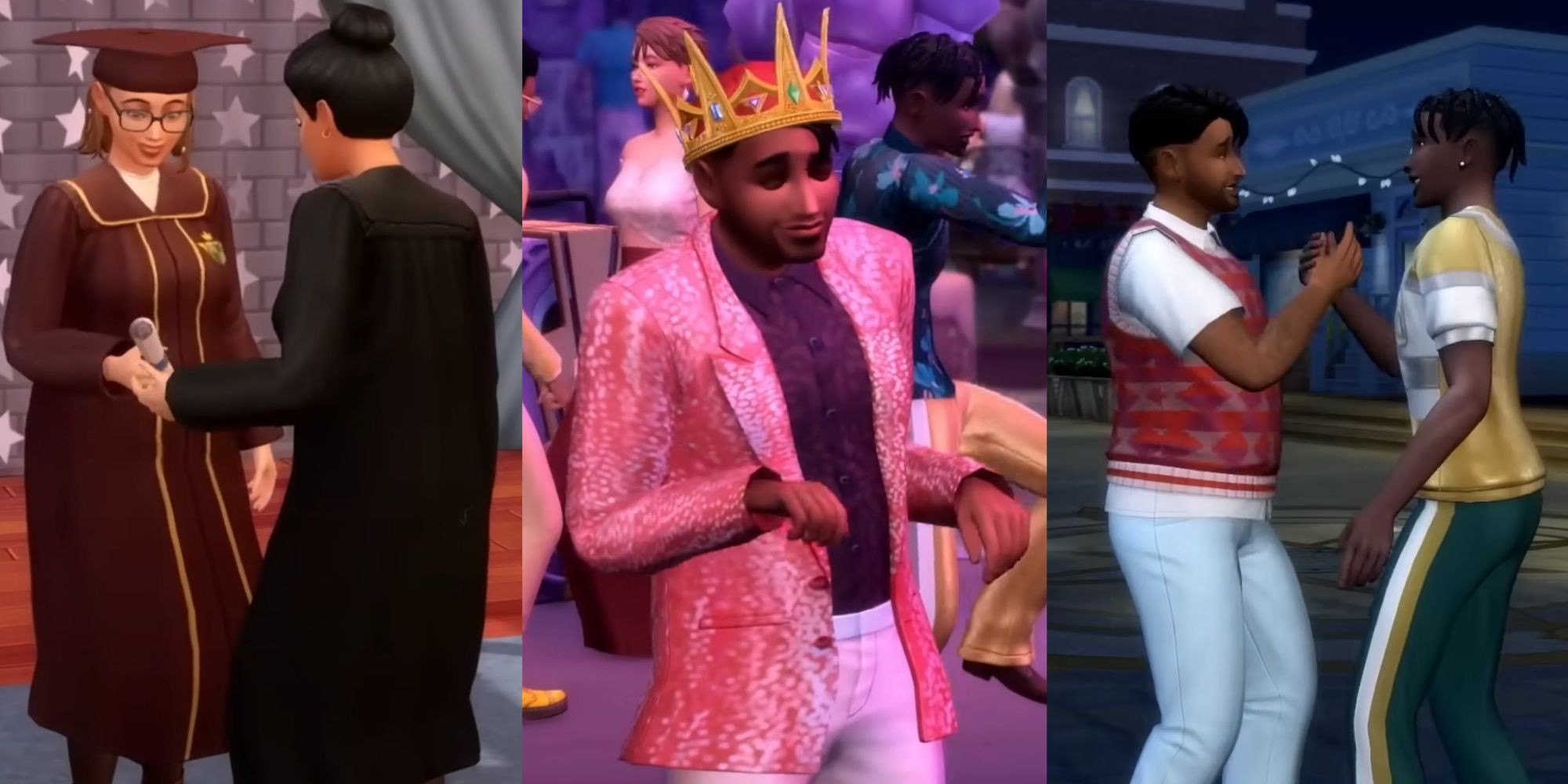 A collage of Sims 4 teen milestones, featuring graduation, prom royalty, and best friends, showcasing milestone progression through life stages.