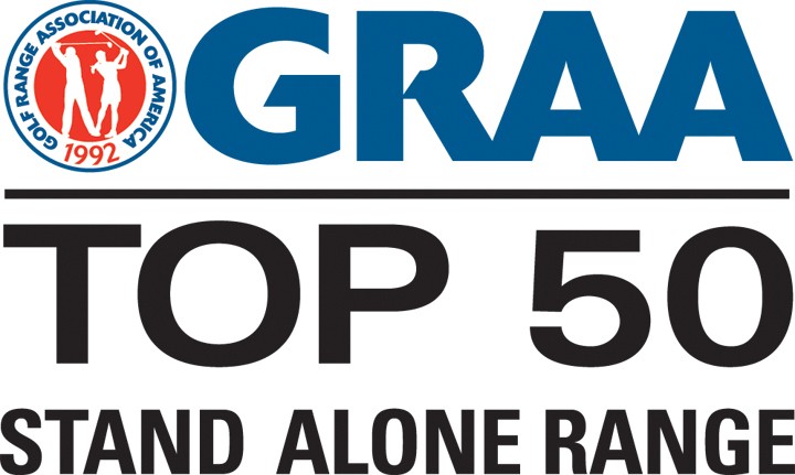 Award badge recognizing St. Louis Family Golf and Learning Center as a Top 50 Stand Alone Range by GRAA, affirming its status as a leading golf practice facility.