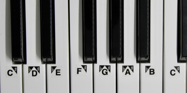 Keyboard layout showing white and black keys, C note highlighted.