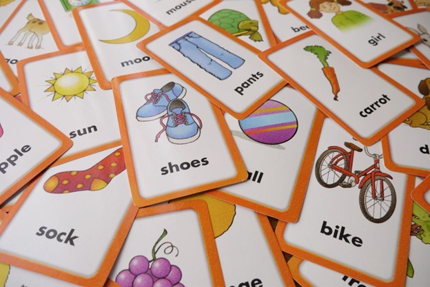 Flashcards with pictures of daily items and their name in English are spread on a table