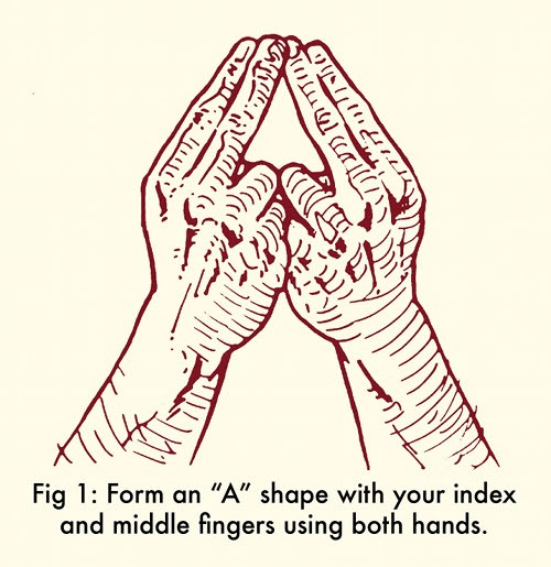 Fingers shaped into an 'A' with index and middle fingers for whistling.