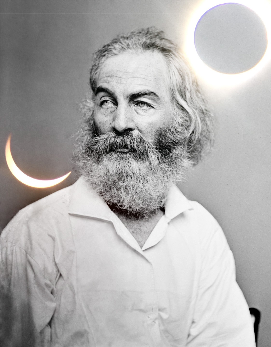 Walt Whitman observing a solar eclipse, illustrating his deep engagement with astronomical phenomena.