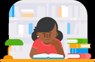 Illustration of a woman with long, dark hair and dark skin sitting quietly in a library while reading a book. She is sitting next to a pile of books and is smiling slightly.