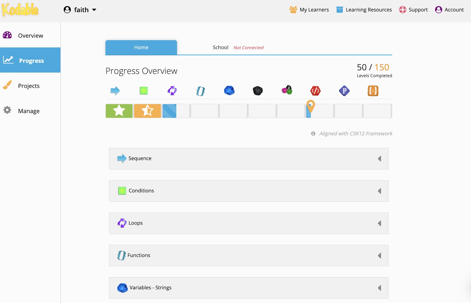 Child’s progress in Kodable