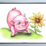 Baby Pig Piglet Looking At Yellow Flower Watercolor Illustration Sketchbook Detail