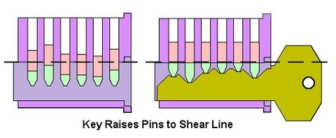 Diagram of a pin tumbler lock, showing the key pins, driver pins, and shear line