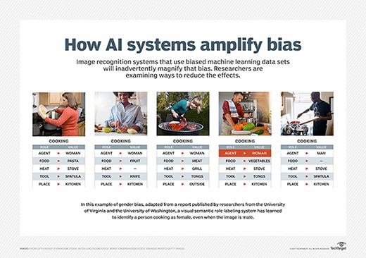 AI systems can amplify bias through the use of biased machine learning data sets, leading to misidentification of genders.