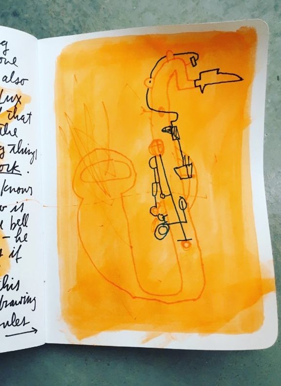 A notebook entry where an adult is replicating a child's drawing, suggesting reciprocal learning and stylistic exploration