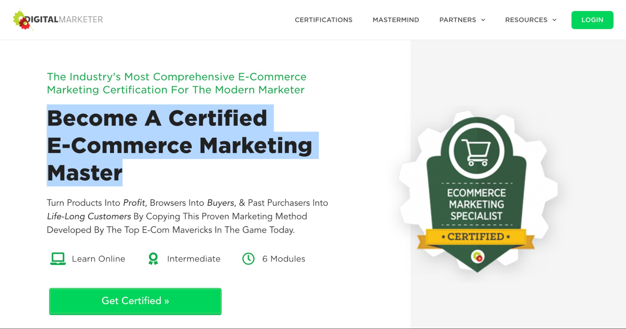Screenshot of the homepage for the DigitalMarketer Ecommerce Marketing course