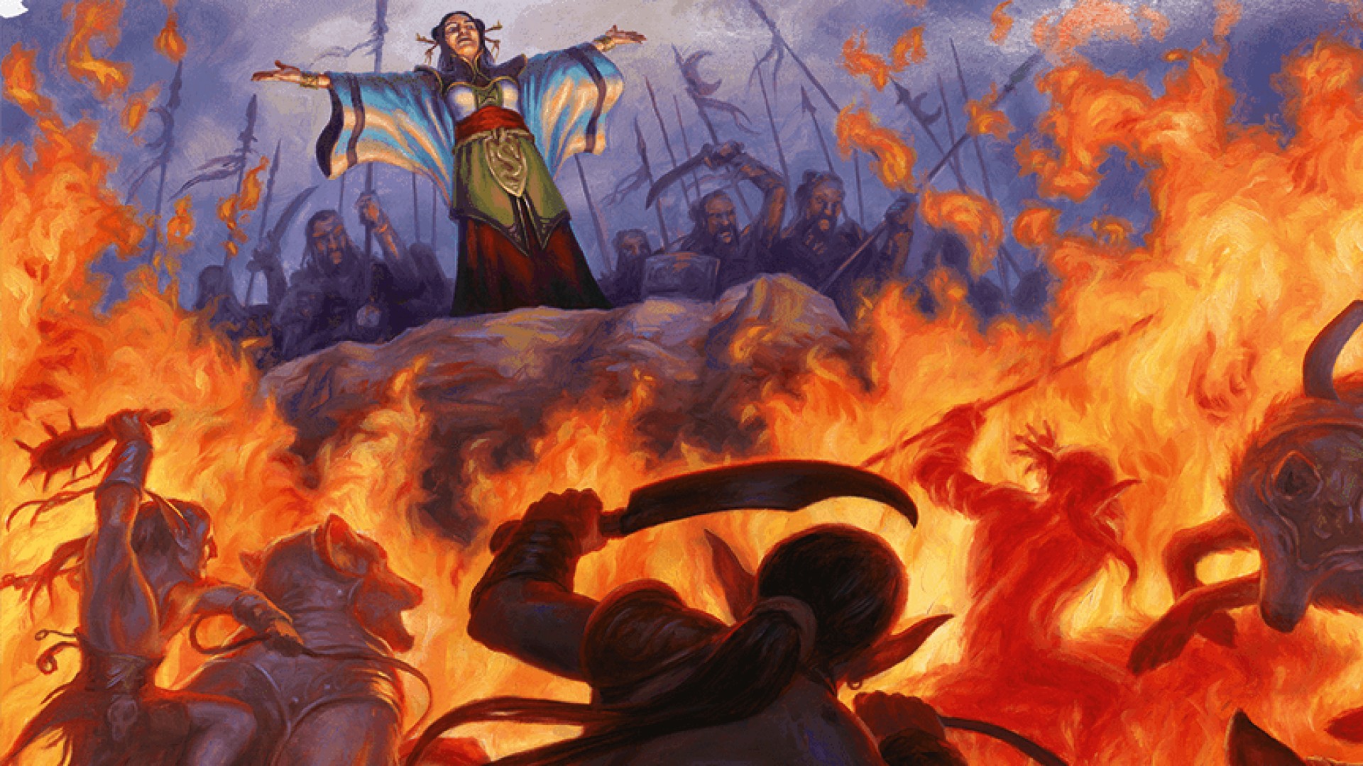 DnD fireball 5e - a woman in a kimono stands on a cliff with her arms outstretched, and below her an army of fantasy monsters burn in flames